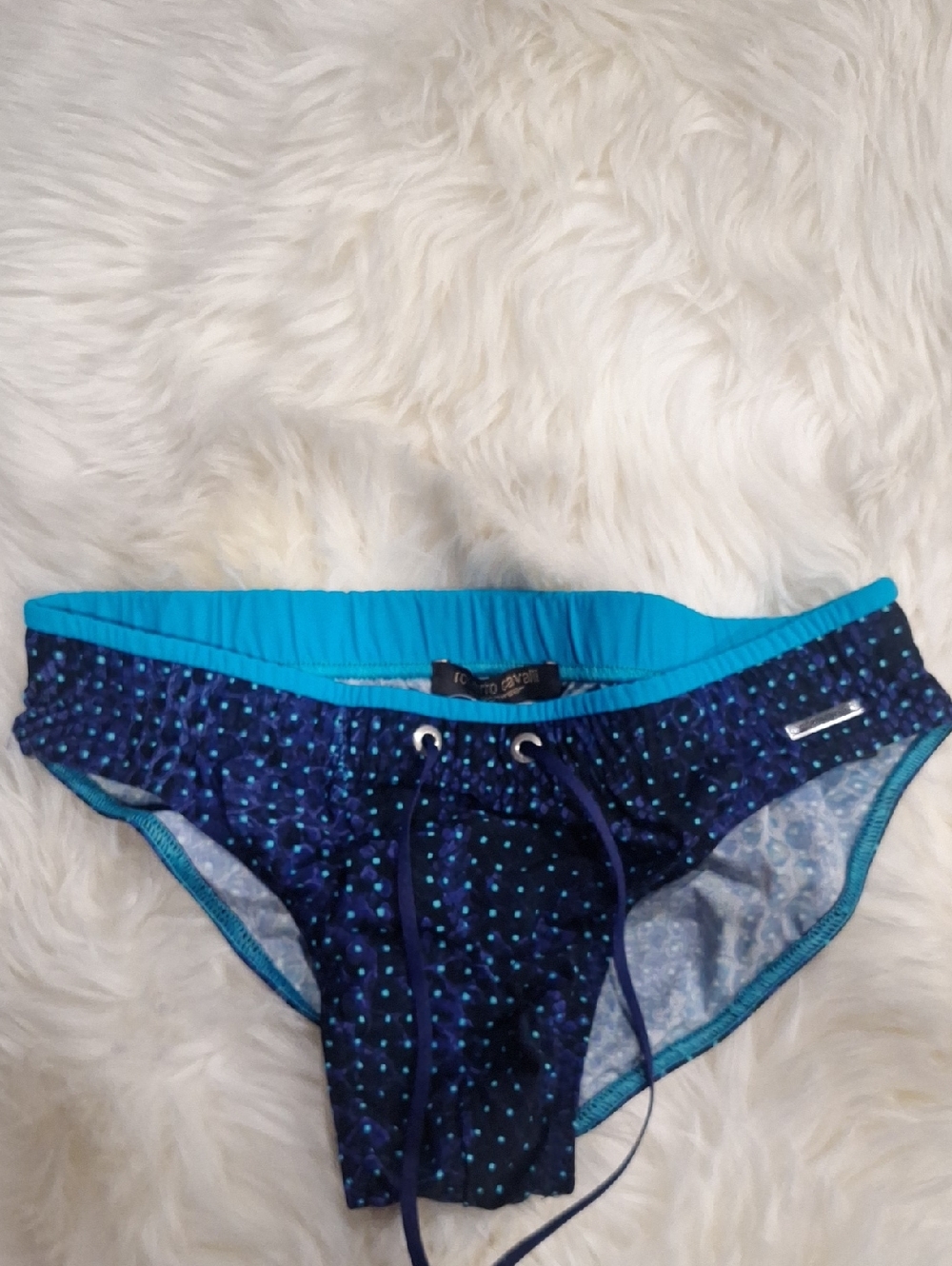 Roberto Cavalli Men's Navy Blue Polka Dot Swim Briefs with Teal Waistband